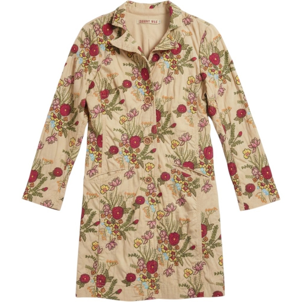 Johnny Was Coat Embroidered Floral size Large Duster Long Cotton Stretch